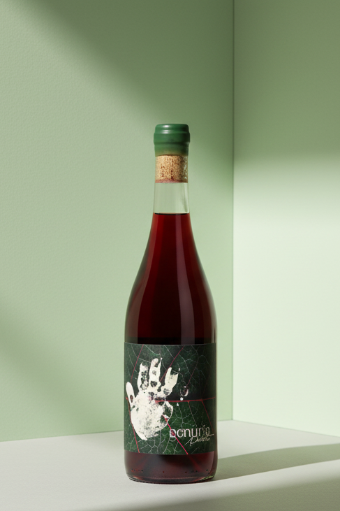 Red wine bottle with a green label on a white background