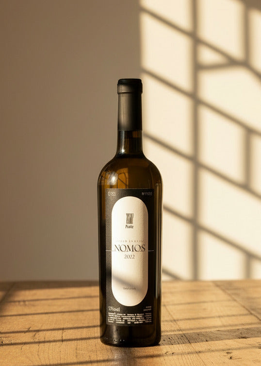 A bottle of Nomos Trajadura 2022 white wine with a label that includes the name &